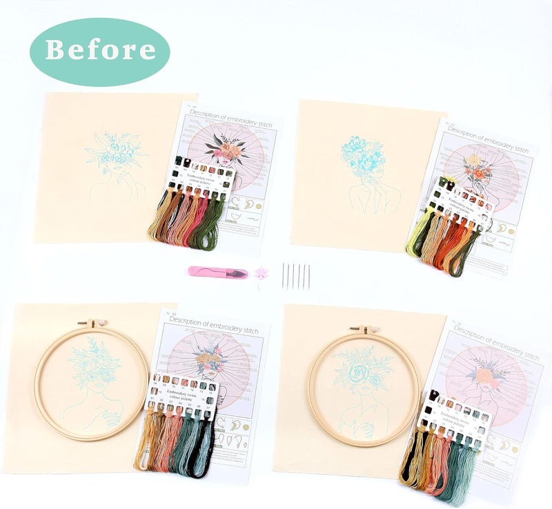 REEWISLY 4 pcs of Embroidery Starter kit with Patterns and Instructions, DIY Adult Beginner Cross Stitch Kits, Including 2 Plastic Embroidery Rings, 1 Pair of Scissors, Colored Threads and Needles - Image 2